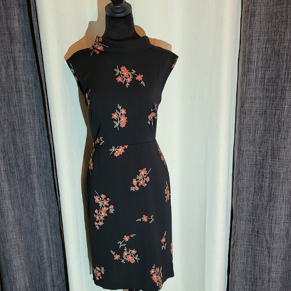 Ann Taylor Black Pink Floral Halter Sheath Dress